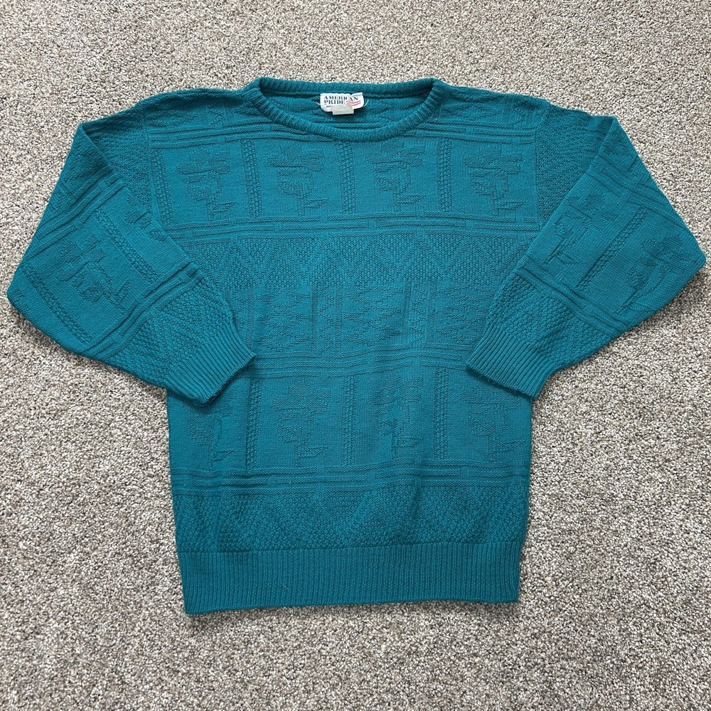 Vintage American Pride Sweater Mens Medium Blue Acrylic Tight Knit Pullover USA